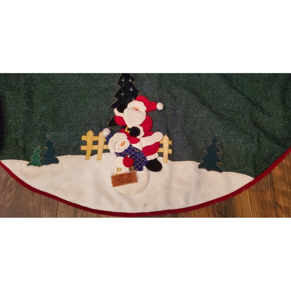 Santa Snowman Christmas Tree Skirt Green Sparkly 43" Primitive Vtg Y2K Applique - Picture 4 of 9